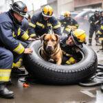 an-image-depicting-a-dog-with-its-head-trapped-inside-a-tire-surrounded-by-firefighters-and-police-